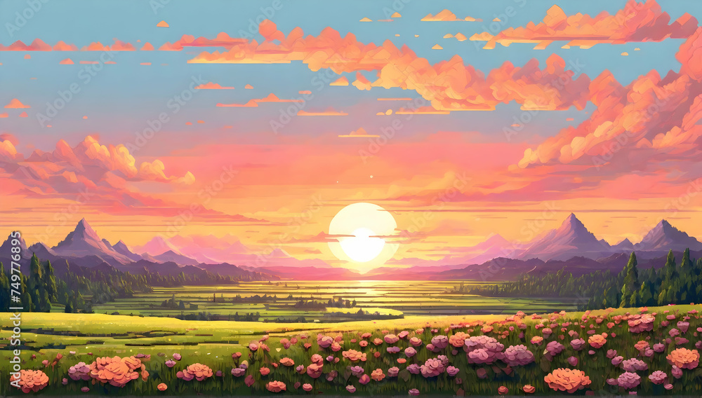 Wall mural scenic meadow landscape background with sunset over the mountains. 8 bit pixel art style illustratio
