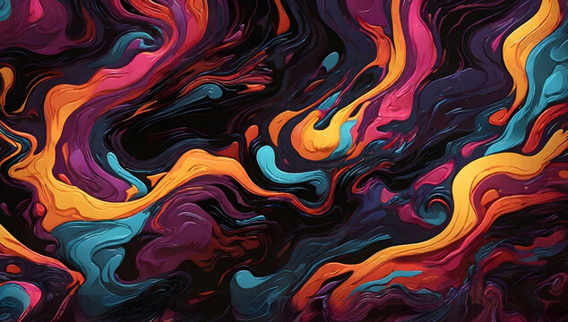 Dark trippy abstract background with mixed colorful colors, illustration style.