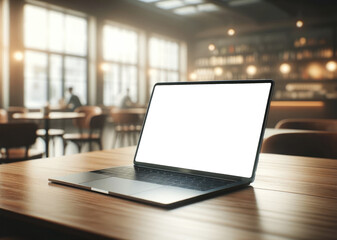 Laptop with a white blank screen on a wooden table in a stylish cafe with cozy interior and hanging lights.
