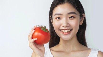 Asian woman holding a tomato. Follows a diet. Isolated background