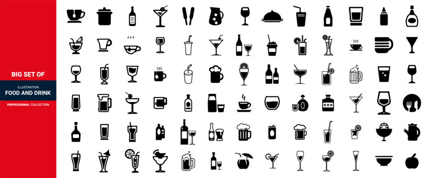 food icons set, Drink icons set, Food and Drink icons set, Burger, pizza, apple, fish, soft drink set if icons.