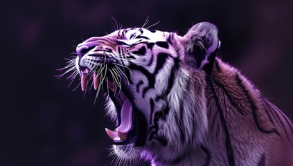 Roaring Tiger, Purple and White Tiger, Tiger's Open Mouth, Ferocious Tiger Displaying Teeth.