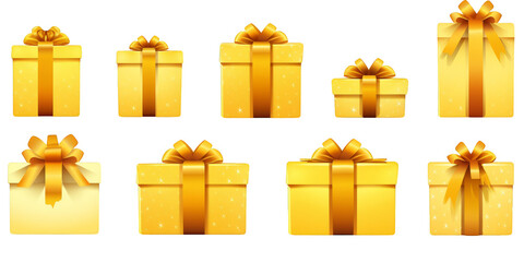 flat art collection of yellow gift boxes isolated on a white background as transparent PNG