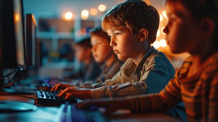 A young, intelligent schoolboy is using a computer.