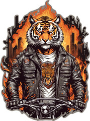 Tiger ride motorcycle with city and fire vector illustration for t-shirt, stickers and others.