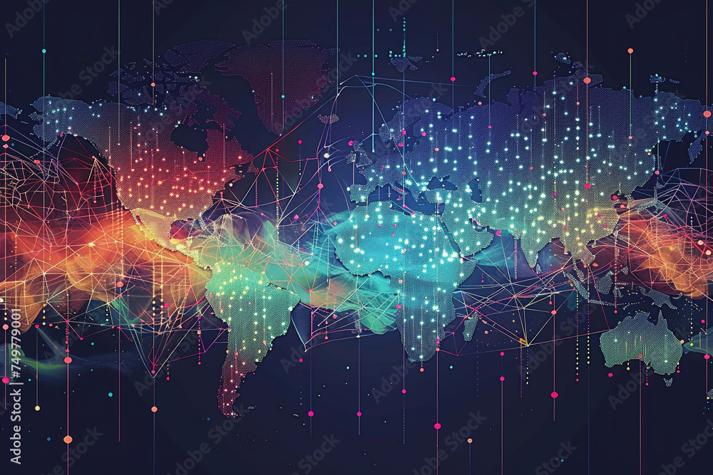 Poster colorful visual representation of financial data across a world map highlighting the global intercon