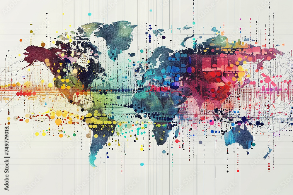 Poster colorful visual representation of financial data across a world map highlighting the global intercon