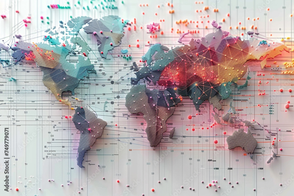 Poster colorful visual representation of financial data across a world map highlighting the global intercon