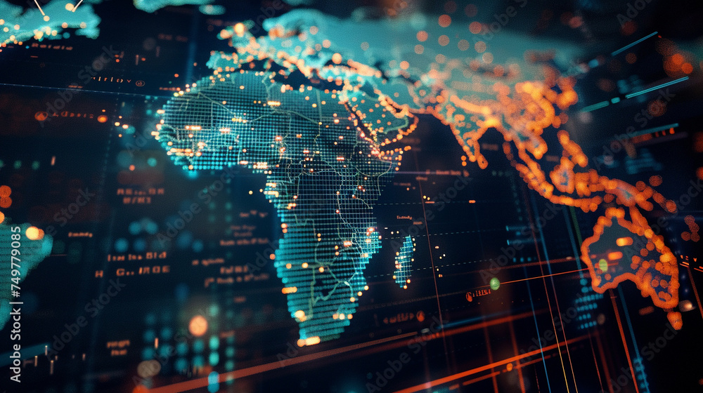 Poster detailed financial graph overlaying a global map visually representing the interconnectedness of the