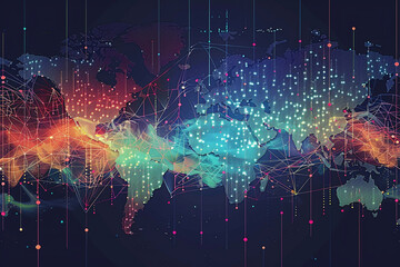 Colorful visual representation of financial data across a world map highlighting the global interconnected economy - obrazy, fototapety, plakaty