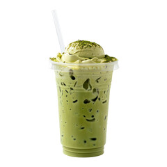 Iced milk on top macha green tea  isolated on transparent png.
 - obrazy, fototapety, plakaty