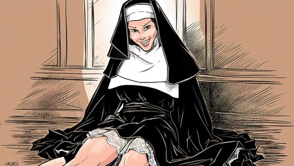 Sexy nun in cassock sitting with her panties down - obrazy, fototapety, plakaty
