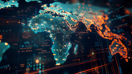 Detailed financial graph overlaying a global map visually representing the interconnectedness of the world economy