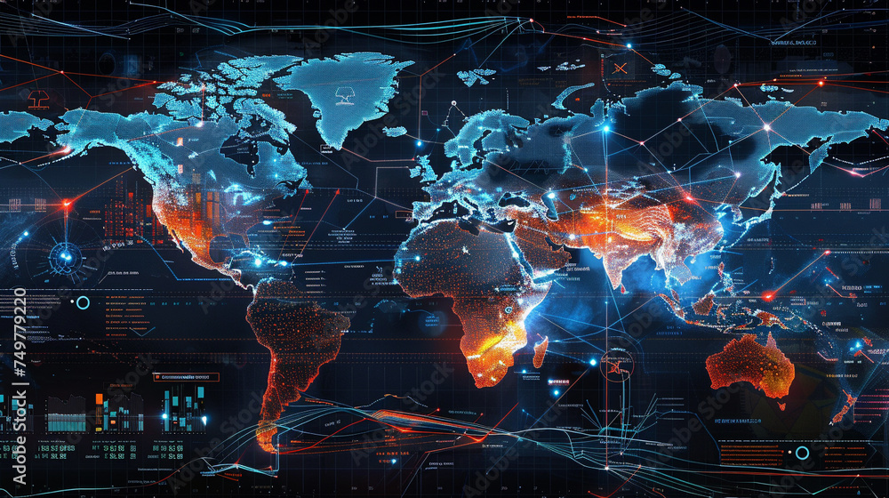 Poster detailed financial graph overlaying a global map visually representing the interconnectedness of the