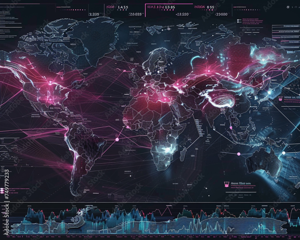 Poster global map with integrated financial graphs and charts illustrating the interconnectedness and dynam