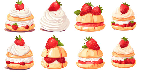 flat art collection of strawberry shortcakes isolated on a white background as transparent PNG