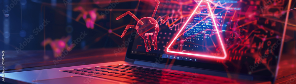Poster laptop screen showing a stark caution sign with graphical bugs and symbols representing cybersecurit