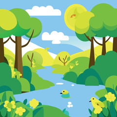 Fototapeta na wymiar a beautiful scene showing a forest, river flowing in the foreground and birds in the sky, vector illustration kawaii
