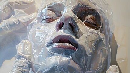 Hyper-Realistic Sci-Fi Painting of Womans Face Wrapped in Plastic, plastic surgery addiction concept