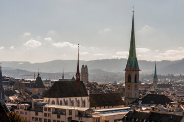 Fototapeta na wymiar Zurich old town (Niederdorf) roof tops, view from above, Zurich, Switzerland