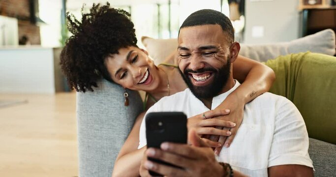 Relax, laughing or happy couple on a phone for social media or network subscription on a sofa. Living room, mobile notification or people with smile, funny news or meme for comedy to search in home