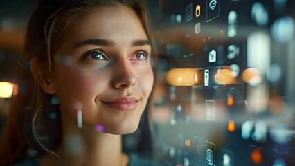Confident brunette Caucasian woman smiling while looking through a translucent AR display with blue icons overlayed on the foreground - Powered by Adobe