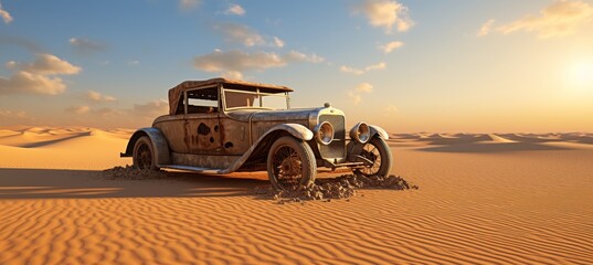 Abandoned classic vintage car rusting in the sahara desert - lost apocalyptic concept