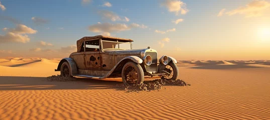 Poster Abandoned classic vintage car rusting in the sahara desert - lost apocalyptic concept © Paulkot