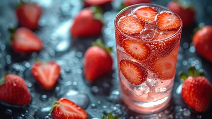 Fresh Strawberries and Sparkling Water, A Glass of Fruit-Infused Water with Strawberries, Strawberry Splash: A Refreshing Drink, Sweet and Juicy Strawberries in a Glass of Water. - obrazy, fototapety, plakaty