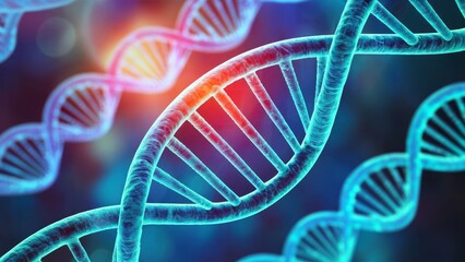 A radiant DNA helix is digitally visualized against a blue biotechnological backdrop. This image symbolizes the molecular beauty of genetic science