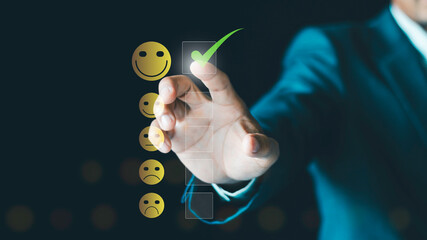 Customer Experience, service evaluation concept, Client pressing smiley face emoticon on virtual...