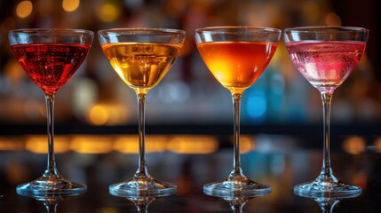 Colorful Martini Glasses, Four Different Martini Drinks, Variety of Martini Glasses, Martini Glasses with Four Unique Beverages.