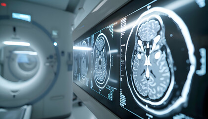 A neurologist's diagnostic room, focusing on a large digital panel showing intricate MRI brain scans. The room is equipped with state-of-the-art technology.