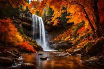 Fotobehang waterfall in autumn generated by AI technology © soman