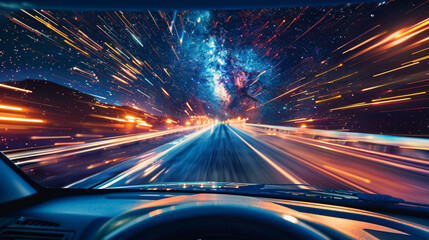 星空と夜の道路のスピード感 - obrazy, fototapety, plakaty