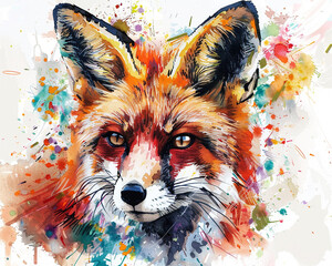 Vivid and expressive watercolor painting of a fox's face with splattered color accents.
