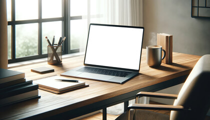Laptop with a white blank screen on a wooden table in a stylish cafe with cozy interior and hanging lights.
