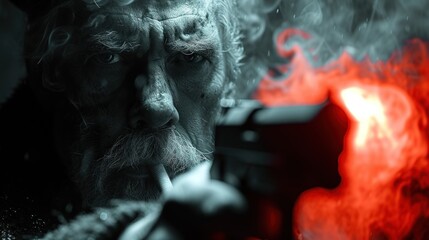 Gunman with a cigarette, Aging man holding a gun, Smoke and fire in the scene, An old man with a gun and a lit cigarette. - obrazy, fototapety, plakaty