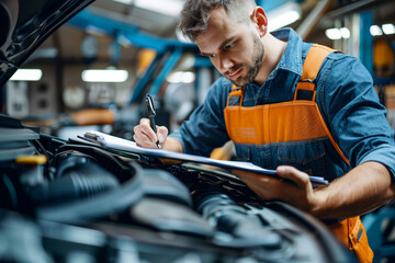 Precision auto care: Mechanic notes job details, evaluates engines, and ensures top-notch repairs in a well-equipped vehicle garage.