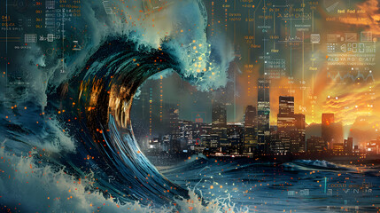 A digital background of  tsunami wave, symbolizing the overwhelming spread of new viruses crashing over a cityscape made of circuitry and digital elements. - obrazy, fototapety, plakaty