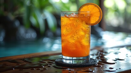 Sweet and Fruity Drink, A Glass of Orange Juice with a Twist, Citrusy Refreshment on the Table, An Inviting Beverage with an Orange Wedge.