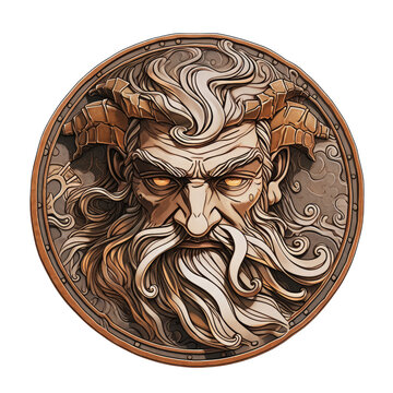 Illustration of a bronze coin depicting an old man with horns, strong facial expression