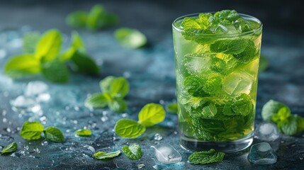 A refreshing minty drink, Freshly made mint julep, Mint leaves and ice cubes garnish a glass of tea, Mint-infused beverage with crushed ice and fresh leaves. - obrazy, fototapety, plakaty