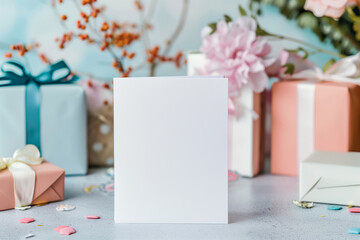 greeting card without text, mockup celebration blank card with presents in the background, happy birthday theme, baby shower theme, retirement theme 