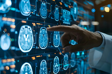 Doctor's hand pointing at a detailed AI diagnostic screen, where MRI brain scans are being analyzed for signs of Multiple Sclerosis.  - obrazy, fototapety, plakaty
