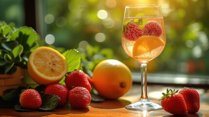 Fresh Fruit and Wine, A Glass of Wine with a Strawberry, Sunlit Fruit and Wine, Wine and Fruit on a Table.