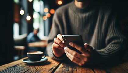 A young adult engages with a smartphone in the warm, inviting ambiance of a dimly lit cafe, with soft bokeh lights in the background.