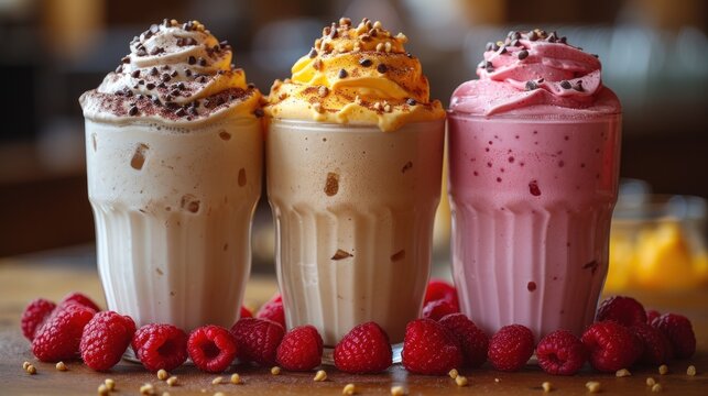 Three Delicious Fruit Smoothies, Fresh Berries and Nuts Adorn These Yummy Drinks, Colorful and Tasty Frozen Treats, A Trio of Fruity Desserts to Enjoy.