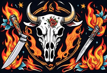 Illustration of Vintage, Flash art, Tattoo, Bull, Cow skull, Flames and fire, Retro, Old-school, Ink.