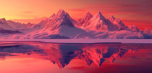 Sunset Over Mountains, Reflection of Snow-Capped Peaks in Water, Pink and Red Hues on Mountain Range, Glowing Sunset Behind Frozen Lake.
